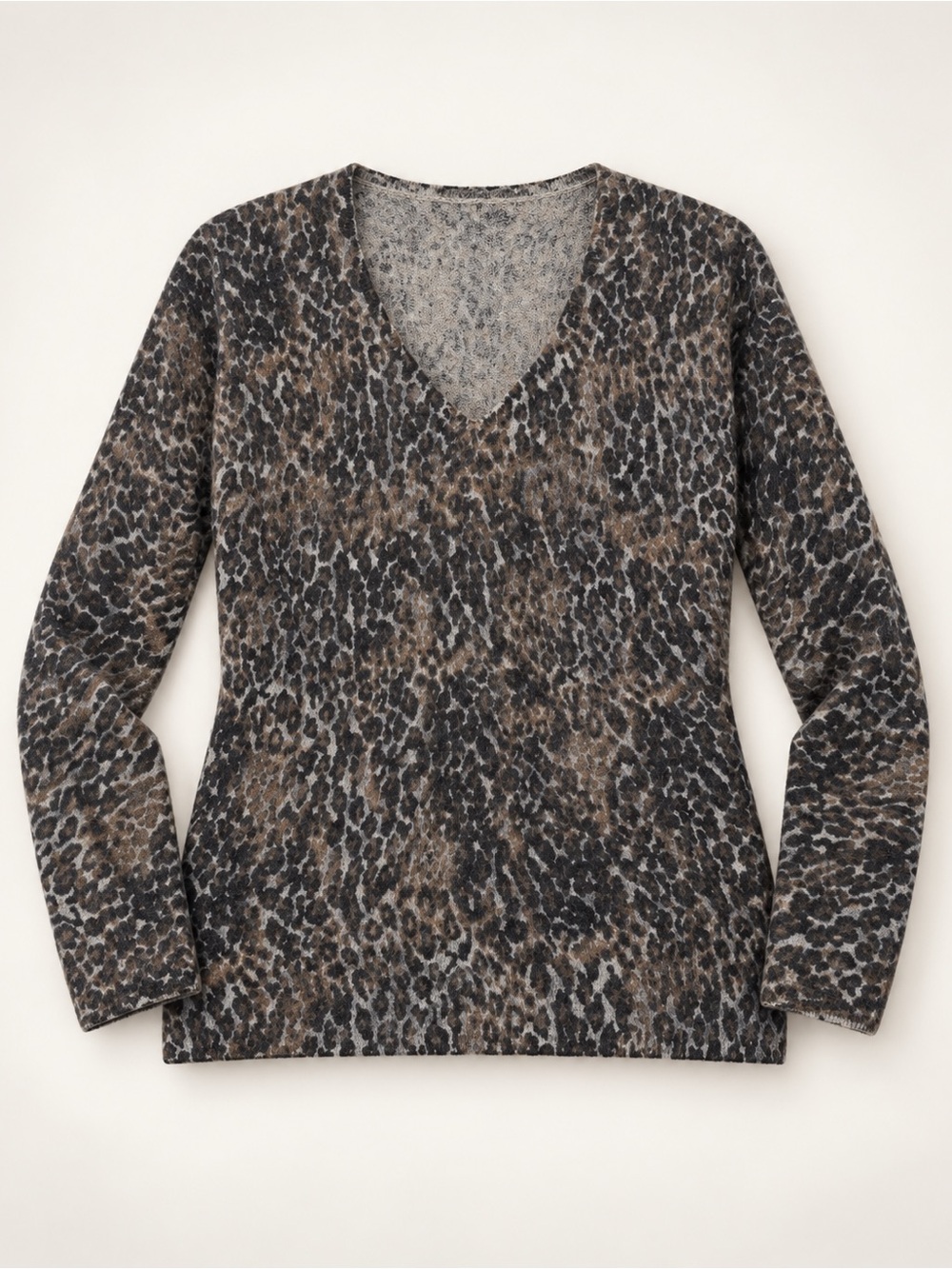Cashmere Women's V‑Neck Leopard Print Sweater in Brown and Gray